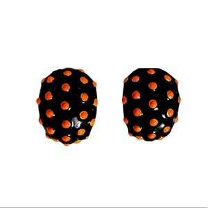 Joan Rivers Vintage Designer Earrings Polka Dot Black Enamel Coral Color Slip On